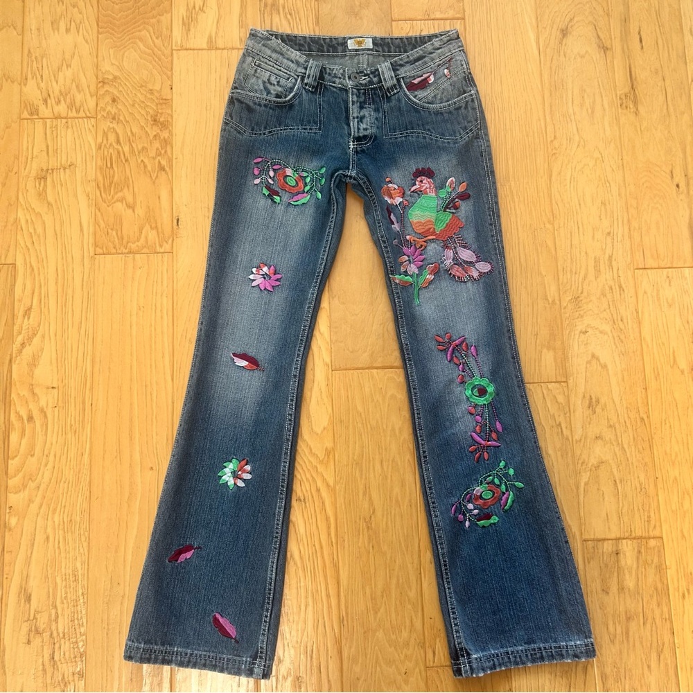 Antik Denim Blue Bootcut Jeans with Colorful Floral Embroidery